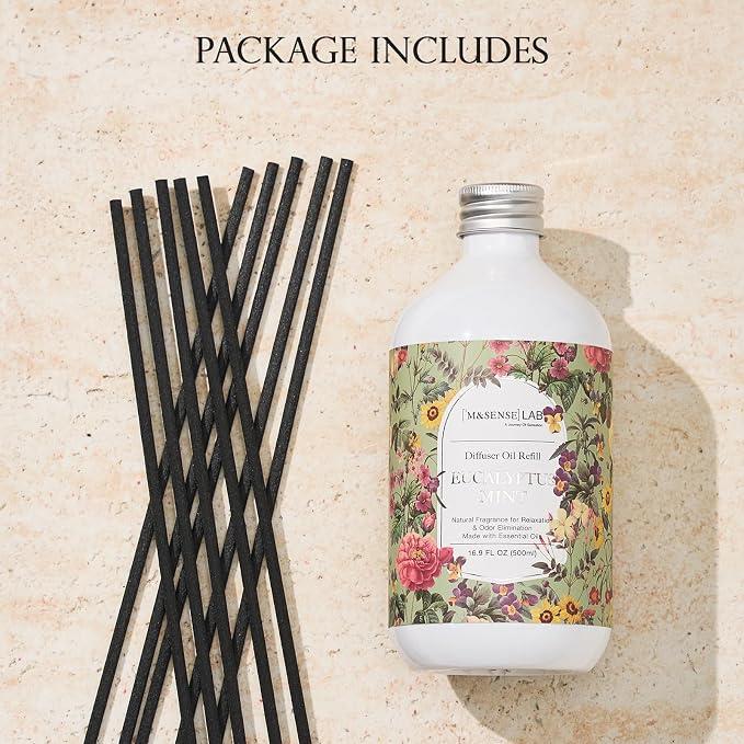 M&SENSE Reed Diffuser Set, Eucalyptus & Mint, 17oz Natural Essential Oil | Non-Toxic Organic, Long-Lasting Fragrance, Ideal for Living Room, Home Gym, Gifts for Women