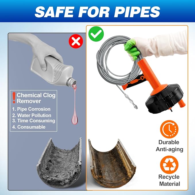 Drain Auger 33Ft, Auto-Feed Drain Clog Remover Plumbing Snake Drain Tools | Drill Adapter for Quickly Unclogging, Long Flexible Drain Snake for Deep Pipe Clogs, Bathroom Shower, Bathtub, Kitchen Sink