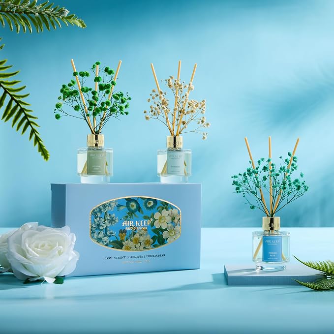 Reed Diffuser Set of 3, Jasmine Mint Gardenia Freesia Pear Oil Reed Diffusers for Bedroom Living Room Office Aromatherapy Oil Reed Diffuser for Gift 50ml x 3
