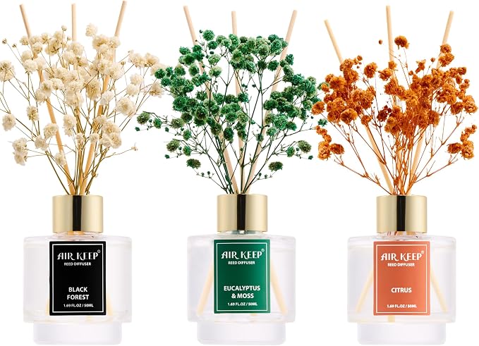 Reed Diffuser Set of 3, Black Forest Eucalyptus Moss Citrus Oil Reed Diffusers for Bedroom Living Room Office Aromatherapy Oil Reed Diffuser for Gift 50ml