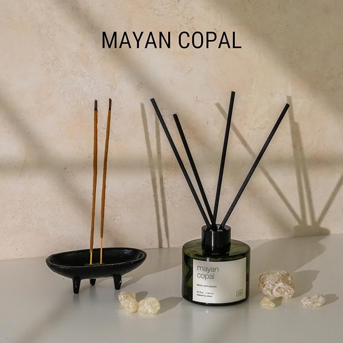 Craft & Kin Premium Santal Woods Reed Diffuser – 3.4 oz Natural Essential Oil Diffuser for Home & Bathroom – Long-Lasting Fragrance with Rattan Scent Sticks – Green Glass Room Decor