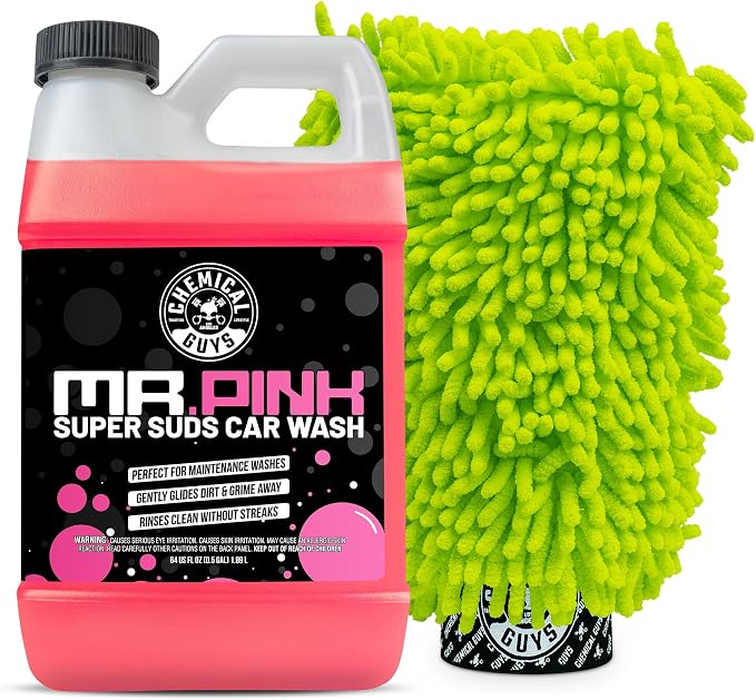 Chemical Guys, Mr. Pink Car Wash Soap 64 oz with Wash Mitt | High-foaming Mr. Pink car wash soap with a chenille microfiber wash mitt; slick, scratch-free washing for cars and trucks.