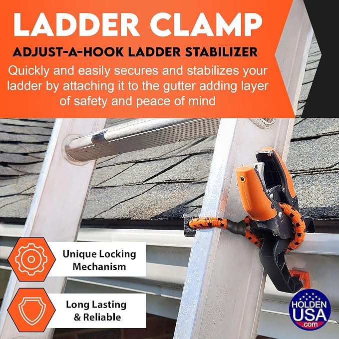 Holden USA - Ladder Clamp - Stabilizer Clip – Secure Safety Clamp for Roof, Gutters, and Wall Prep – Durable Support Cord for Roofing and Gutter Tasks (Black Orange Single)