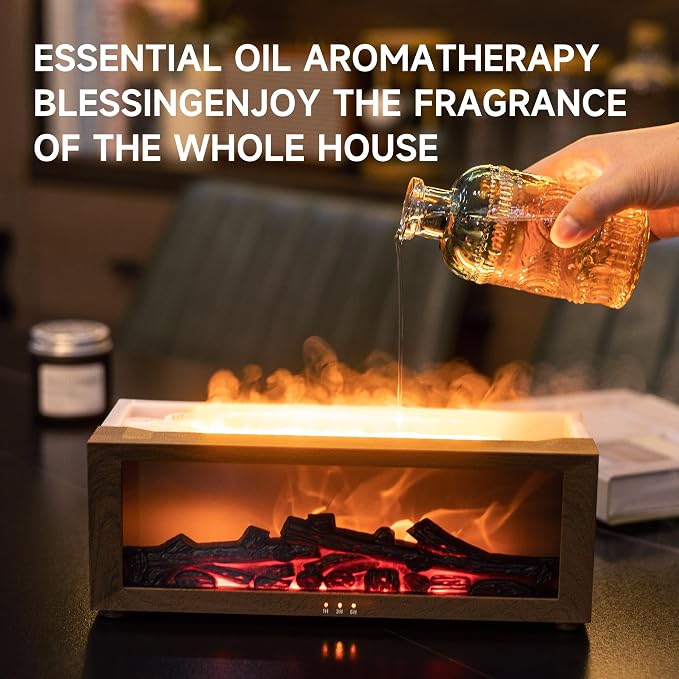 TMEHM Fireplace Flame Essential Oil Diffuser Humidifier, Aromatherapy | Ultrasonic Mist with 7 Colors and Timer for Home, Bedroom, Office, and Yoga