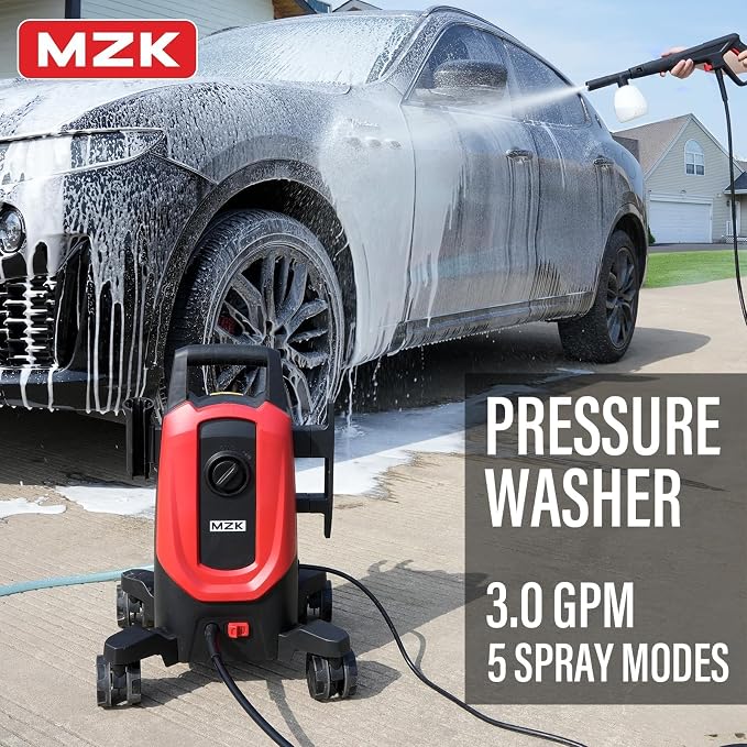 MZK Pressure Washer with 4 Quick-Connect Nozzles, Foam Cannon for Easy Replacement, High-Pressure Cleaning of Cars, Fences, Driveways