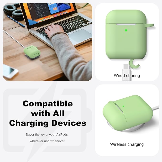 R-fun for AirPods 1/2 Case, Soft Silicone Protective Cover with Keychain and Cleaning Pen, Compatible with AirPods 2nd/1st Generation (2016/2019), Full Drop Protection Cover, Avocado