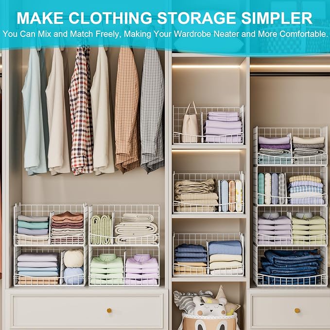 Hongtamoya 4-Tier Closet Organizers and Storage Basket with Divider, Foldable Closet Shelf Organizer System, Space-Saving Clothes Storage Drawer Organizer Bins for Wardrobe Cupboard, White