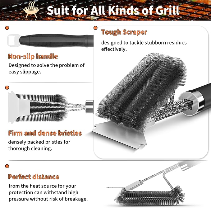 Grill Brush and Scraper-18 Adjustable Handle Safe BBQ Grill Brush for Outdoor Grill-Deep BBQ Clearning Brush wih Bottle Operner Extra Strong Grill Cleaner Accessories for Gas/Charcoal Grilling Grates