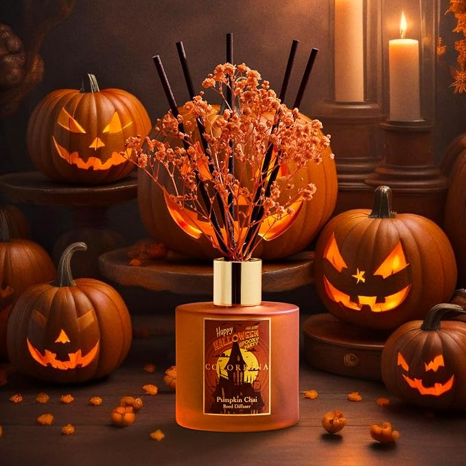 Reed Diffuser - Pumpkin Chai 6.7 fl oz Scented Diffuser with 8 Sticks Home Fragrance Bathroom Shelf Decor (Halloween Collection)