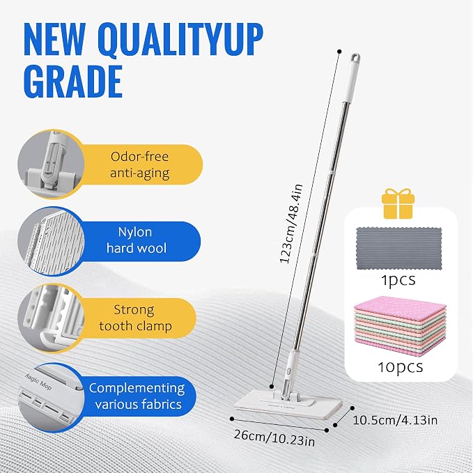 2026 Hands Free Flat Mop, 48.4 '' Snap Grip Mop with 11 Reusable Cloths, Zero Touch Dirty Cloth Release, Click Shark Tooth Mops to Use with Any Cloths, Dry and Wet Use for Whole House Cleaning