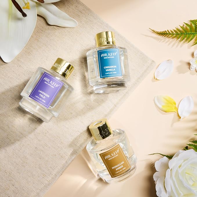 Reed Diffuser Set of 3, Cinnamon Vanilla Lavender Field Moroccan Amber Oil Reed Diffusers for Bedroom Living Room Office Aromatherapy Oil Reed Diffuser for Gift 50ml x 3