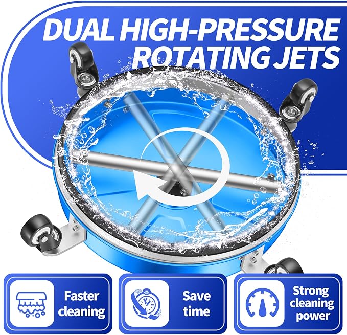 LidoDola 16'' Pressure Washer Surface Cleaner Blue, Power Washer Accessory | Stainless Steel Housing with 4 Wheels, 1/4" QC, 2 Extension Wands & 2 Replacement Nozzles, for Gas & Electric Pressure Washer
