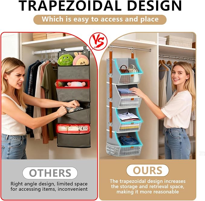 Fabric Hanging Closet Clothes Organizers and Storage Detachable 4 Tier | Hanging Clothes Organizers for Bedroom,Dorm,RV,,Camper,See Through Front Panel,Space-Saving,Can Be Separated Individually