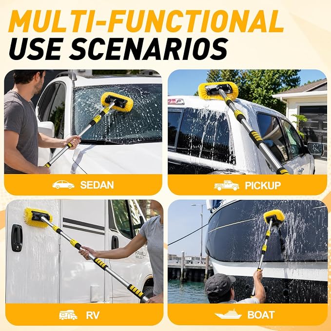 SISUPASSIE 12FT Car Wash Brush with Long Handle, Telescopic Car Wash Brush with Soap Dispenser, 12-Inch Soft Bristle Car Cleaning Brush for Cleaning Car, RV, Truck, Boat, Solar Panels, Yellow