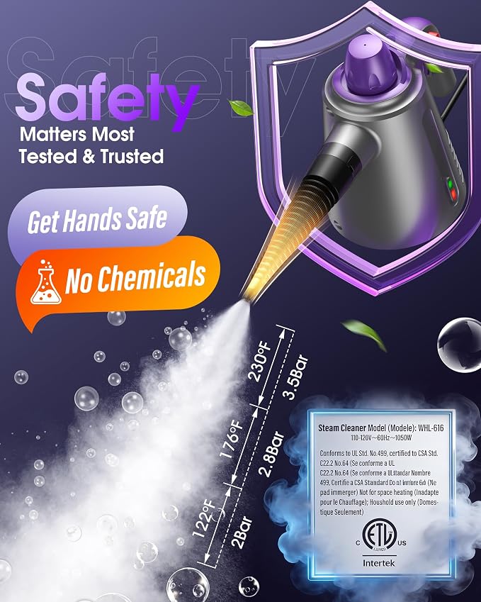 Handheld Steam Cleaner for Home, Steamer for Cleaning Purple | Upholstery Bed Furniture Couch Carpet Car Pressurized Multi Purpose 14 Accessories & Safety Lock, Small Container for Grease