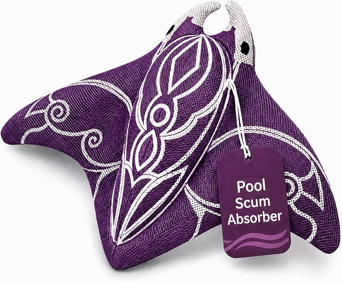 Swimming Pool & Swim Spa Scum Absorber - Purple Oil Absorbing Stingray, Reusable Floating Sponge Soaks Up Oil Makeup Lotion from Pool Surface, Machine Washable