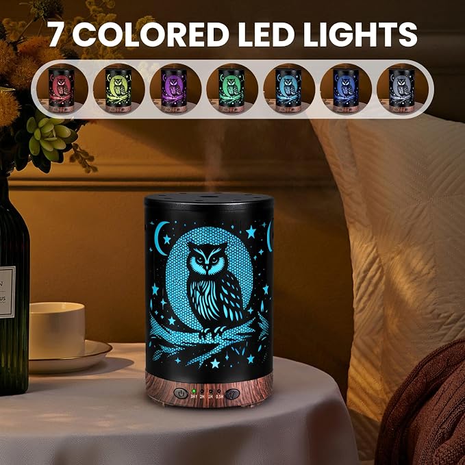 Essential Oil Diffuser 120ML Metal Aromatherapy Diffuser with Timer, Cool Mist Humidifier with Auto Shut-Off & 7 Color Lights for Home Office Spa (Owl)