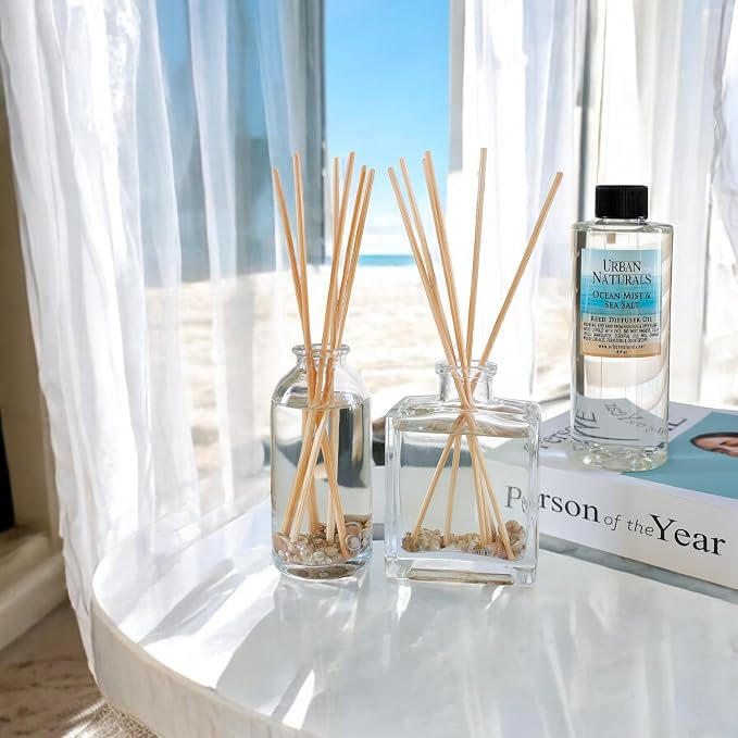 Reed Diffuser Set, Ocean Mist & Sea Salt - Bathroom Décor | Made with Essential Oils & Real Seashells, Decorative Air Freshener Room Diffuser