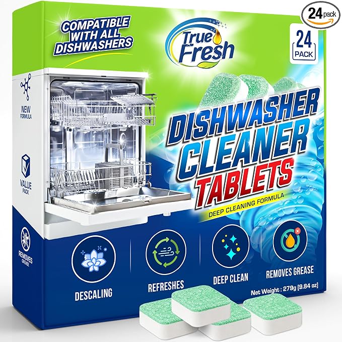 True Fresh Dishwasher Cleaner & Deodorizer Tablets, 24-Pack Dishwasher Maintenance Tablets for Interior, Pump, Filter, Spray arm & Drain, Helps Remove Grease, Limescale & Mineral Buildup 1-Year Supply