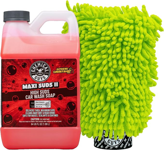 Chemical Guys, Maxi Suds II Soap & Chenille Wash Mitt Bundle, Cherry, 64 oz | High-foam cherry soap with a plush chenille mitt for safe, scratch-free washing in cannons, guns or buckets
