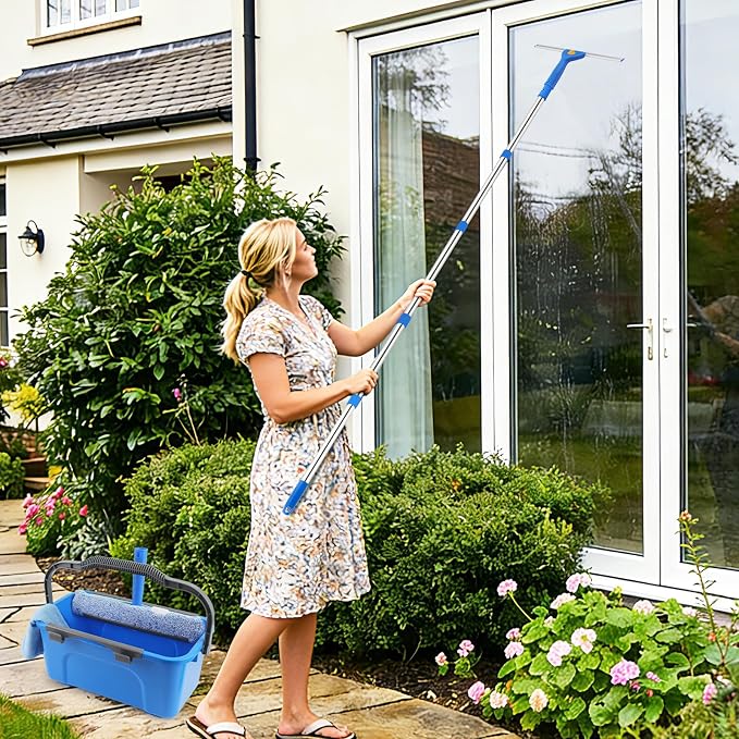 Window Cleaning Kit with Bucket, Squeegee and Scrubber for Home, Commercial | Professional High Windows Washing Kit, 76" Long Handle Window Squeegee & Scrubber, 3 Gal Bucket, Complete Window Cleaner Tool