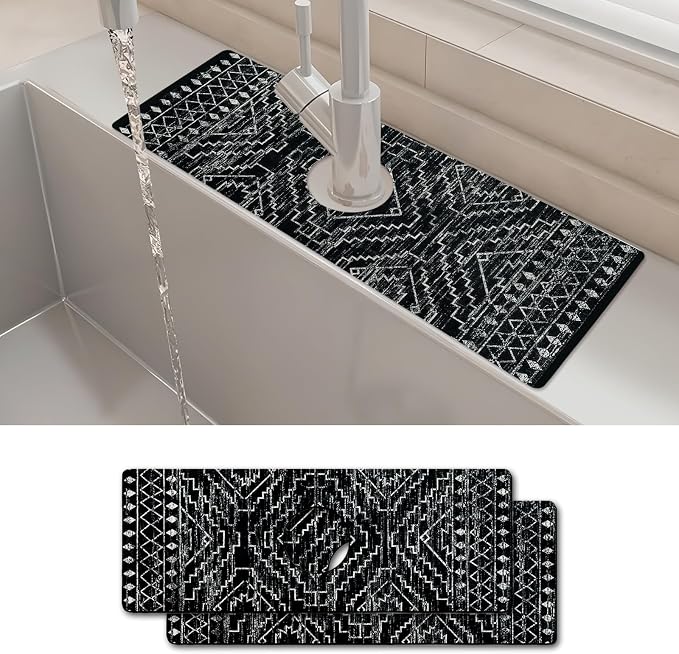 2PCS 15" X 5.5" Kitchen Sink Splash Guard Faucet Mat Aztec Super Absorbent Fast Drying Faucet Guard & Draining Mat Sink Splash Guard Behind Faucet for Kitchen, Bathroom
