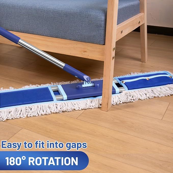 36" Commercial Dust Mop: Dust Broom for Hardwood Floors Cleaning | 2 Pcs Cotton Mop Pads, 59" Long Handle, Heavy Duty Frame, Industrial Professional Cleaning Supplies, Blue
