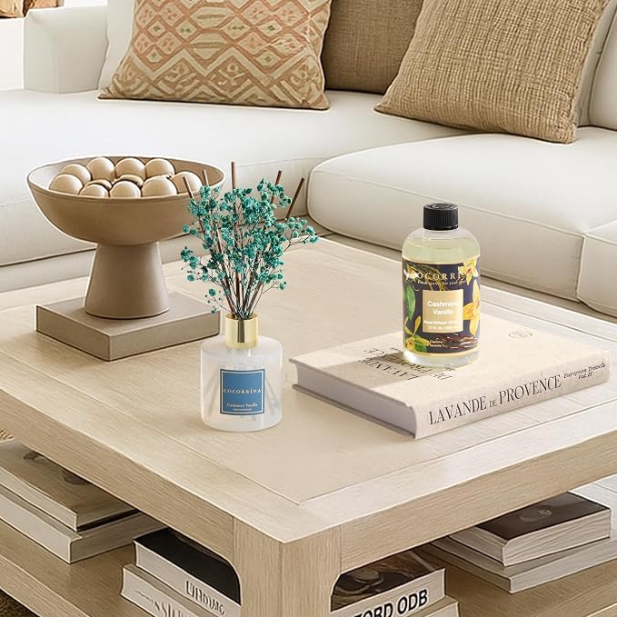 Reed Diffuser Refill Cashmere Vanilla 17oz (500ml) with 8 Rattan Sticks - Premium Long-Lasting Essential Oil, Home Fragrance for Bedroom, Bathroom Home Decor