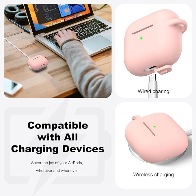 R-fun Compatible with AirPods 3 Case Cover, Silicone Protective Accessories Skin with Keychain Compatible with Apple AirPod 3rd Generation 2021 for Women Men Girls Boys,Front LED Visible,Sand Pink