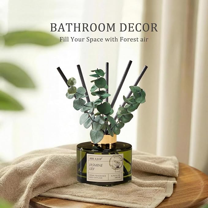 Reed Diffuser Set with 6.76 fl oz Jasmine Lily Scent Essential Oils and 3 Leaves & 8 Diffuser Sticks,Bathroom Shelf Decor & Air Freshener, House Bedroom Office Decor & Gifts