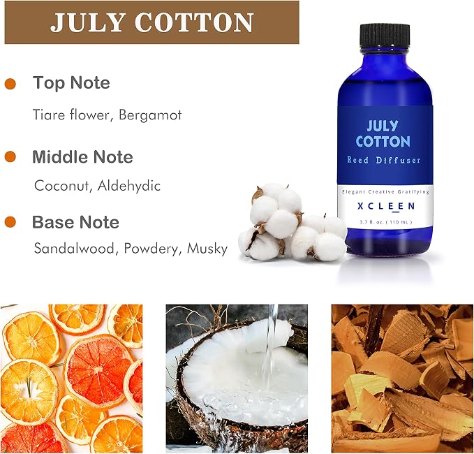 Xcleen July Cotton Reed Diffuser Set, 3.7 Oz Aromatherapy Scented Oil Diffuser Sticks, Great Room Air Fresheners, Best Housewarming Gift idea - Giving, Home & Office Decor