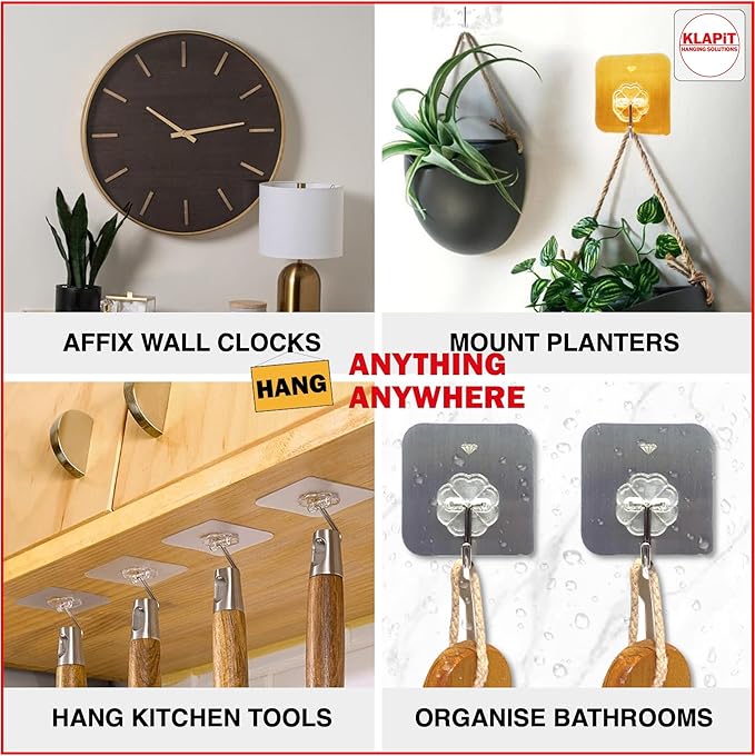 KLAPiT Super Hook - Heavy-Duty Adhesive Gold Wall Hooks, Holds Up to 11 lbs, Waterproof, No Damage, Easy Install on Tile, Wood, Stone, Glass & Metal - Made of Steel (Gold, 24pc)