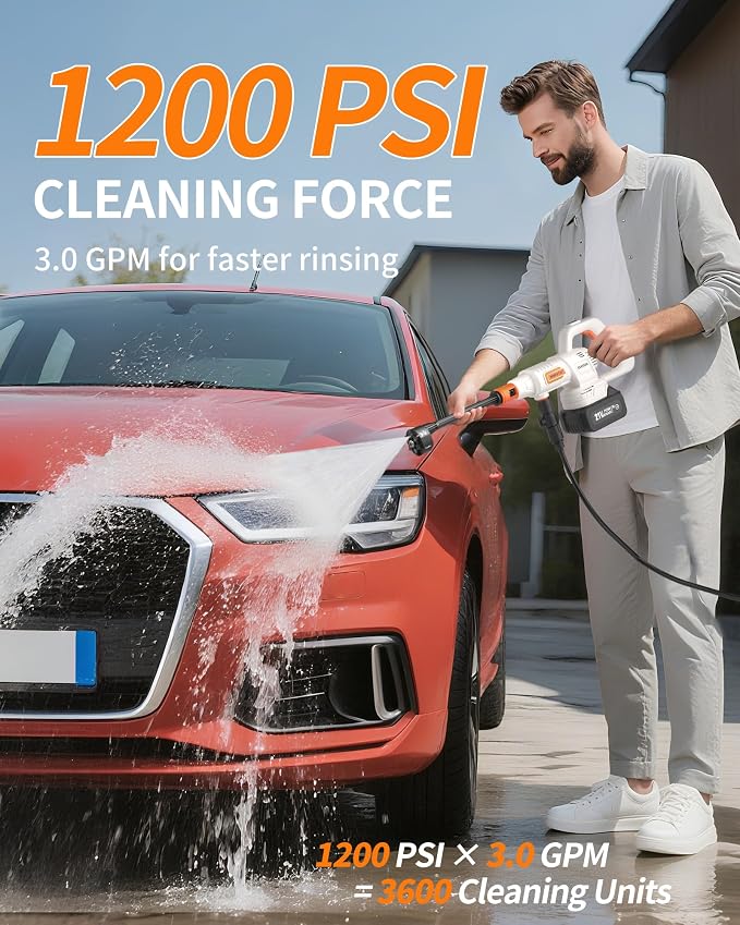 Cordless Pressure Washer Battery Powered; 1200PSI Brushless Power Washer | Brushless Motor; 3 Power Level Adjustable; 6-IN-1 Nozzle; 23FT Elastic Hose; Washer for Car, Home, Patio, Driveway