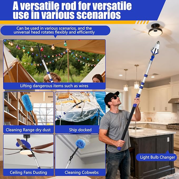 26FT Light Bulb Changer Kit with Ceiling Fan Cleaner Extension Pole Blue | Telescoping Lightbulb Changing Pole,Cobweb Brush Extendable Duster,Spider Web Brush and Window Squeegee Cleaning
