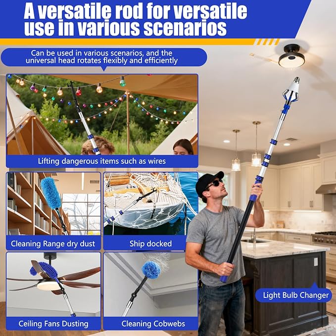 20FT Light Bulb Changer for High Ceilings Kit with Extension Pole Blue | Telescoping Lightbulb Changing Pole,Cobweb Brush Extendable Duster,Ceiling Fan Cleaner and Window Squeegee Cleaning
