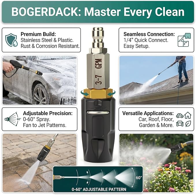 Stainless Steel Adjustable Downstream Soft Wash Nozzle with 1/4" Quick Connect, 0° to 60° Spray Pattern for Pressure Washer 3-7 GPM – for Roofs, Siding, Gutters & Vehicles
