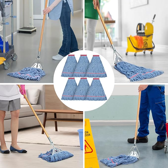 Matthew Cleaning 24oz Heavy Duty Mop Head Commercial Replacement for General and Floor Cleaning, Wet Industrial Blue Cotton Looped End String Head Refill (Pack of 6) Blue
