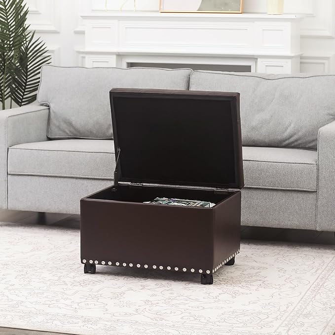 Joveco Leather Storage Ottoman with 360° Caster Wheels 24" Foot Rest Bench Rectangle Ottomans Stool for Living Room Bedroom (Brown, Wheels)