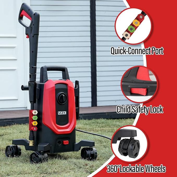MZK Pressure Washer with 4 Quick-Connect Nozzles, Foam Cannon for Easy Replacement, High-Pressure Cleaning of Cars, Fences, Driveways