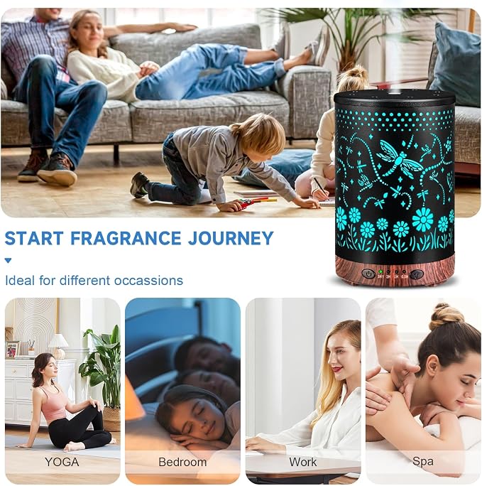 Essential Oil Diffuser 120ML Metal Aromatherapy Diffuser with Timer, Cool Mist Humidifier with Auto Shut-Off & 7 Color Lights for Home Office Spa (Dragonfly)