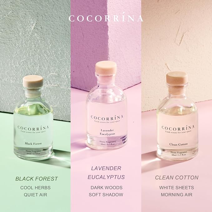 Reed Diffuser Set of 3 with Dried Eucalyptus for Home & Office | Lavender Eucalyptus/Black Forest/Clean Cotton Scents, Aromatherapy Scented Oil Diffusers, 1.7 oz Each, Total 5.1 oz