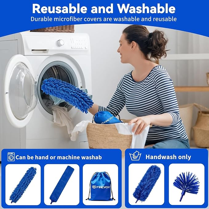 6-in-1 Duster with Extension Pole, 100" Long Reach Cleaning Kit for Home | Cobweb Duster and Microfiber Feather Gap Cleaner, Ideal for High Ceiling Fans, Blinds, Cars, Furniture and High Reach Set