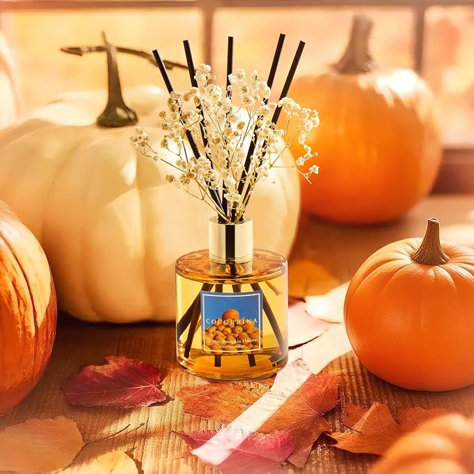 Reed Diffuser - Morton Pumpkin Harvest Reed Diffuser Set with 8 Sticks & Preserved Baby's Breath, Reed Diffuser for Home Bathroom Shelf Decor