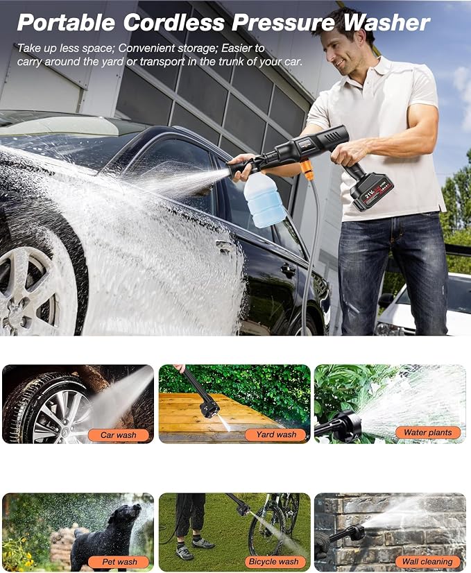 Cordless Car Washer 1250PSI Cordless Car Washer with 6-in-1 Nozzle, 17FT High-Elastic Hose,Home Portable Handheld Car Washer Cleaner