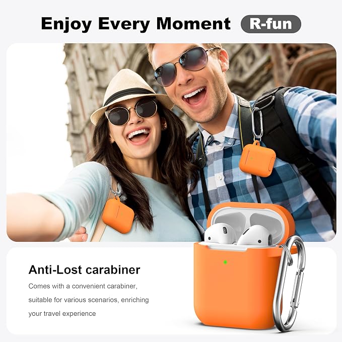 R-fun for AirPods 1/2 Case, Soft Silicone Protective Cover with Keychain and Cleaning Pen, Compatible with AirPods 2nd/1st Generation (2016/2019), Full Drop Protection Cover, Orange