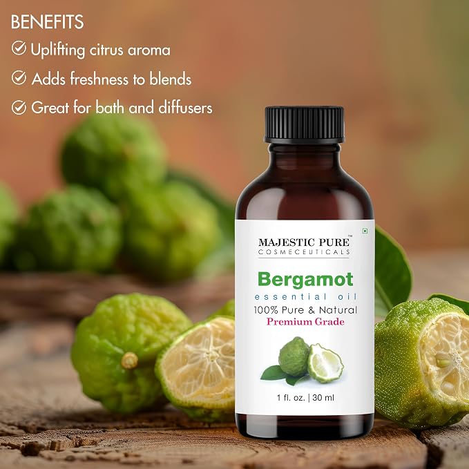 Majestic Pure Bergamot Essential Oil for Diffuser - 1 fl oz | 100% Natural Essentials Oils Ideal for Humidifier, Air Freshening, Cleaning Home, Bath, Steam Inhalation and Massage