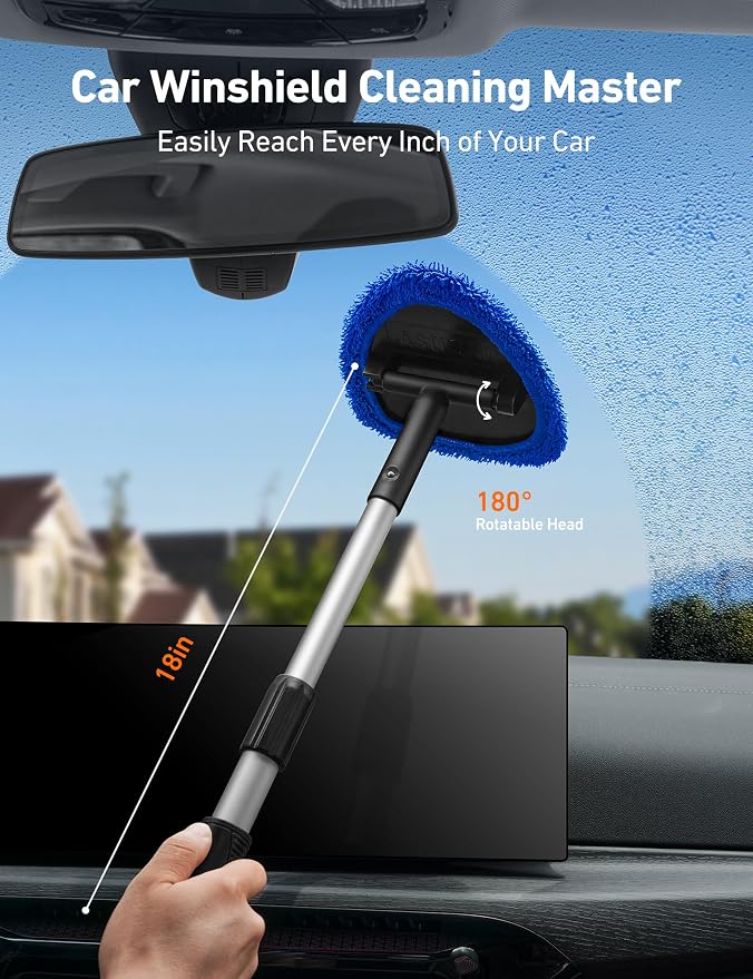 AstroAI 8pcs Windshield Cleaner Tool & Car Interior Detailing Kit | Extendable Handle, 4 Cleaning Brushes, 4 Reusable Microfiber Pads, Scratch-Free for Leather Seats, Blue