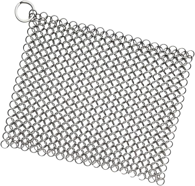 8"x6" Cast Iron Scrubber Stainless Steel Chainmail Cleaner for Pre-Seasoned Pans, Griddles, BBQ Grill and Pot Cookware Cleaning