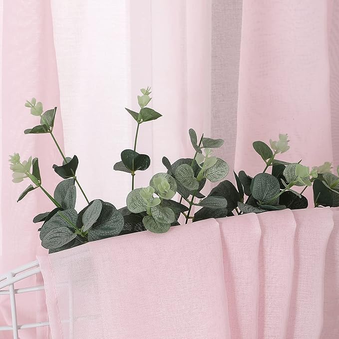 Tollpiz Sheer Curtains Linen Textured Bedroom Curtain Sheers Light Filtering Rod Pocket Voile Curtains for Living Room, 54 x 63 inches Long, Pink, Set of 2 Panels