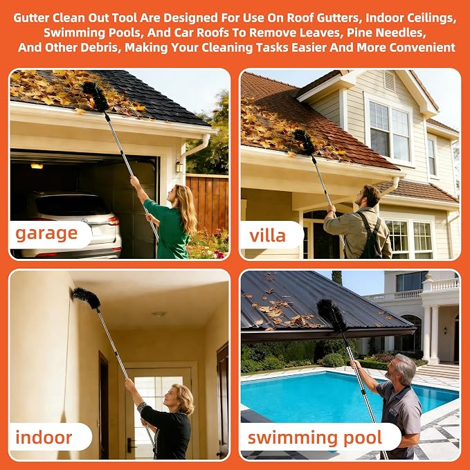 10.5 FT Gutter Cleaning Tools from The Ground with 2Pcs Nylon Brush Stainless Steel Telescopic Pole Adjustable Gutter Cleaner Tools No Ladder Needed for Easy Remove Branches Leaves